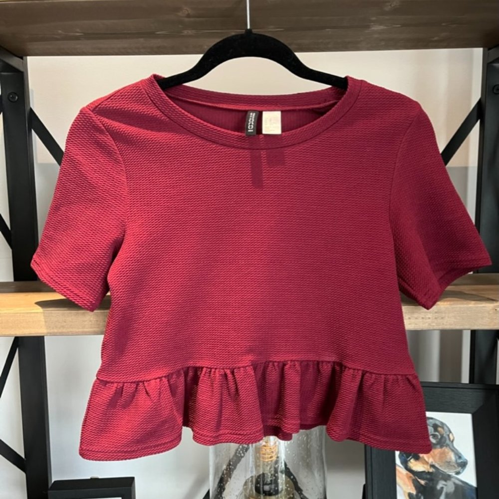 Maroon Short Sleeved Cropped Peplum Top